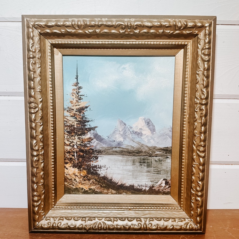 Vintage Gold Framed Landscape Oil Painting | Mountain Lake Scene